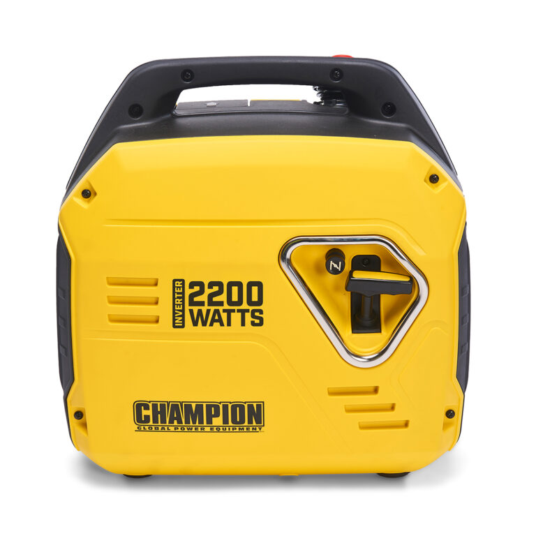 Front view of Yellow and black 'The Mighty Atom' Champion 92001i Inverter Petrol Generator.