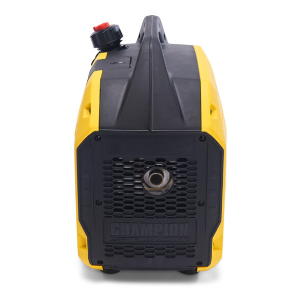 Side view of Yellow and black 'The Mighty Atom' Champion 92001i Inverter Petrol Generator.
