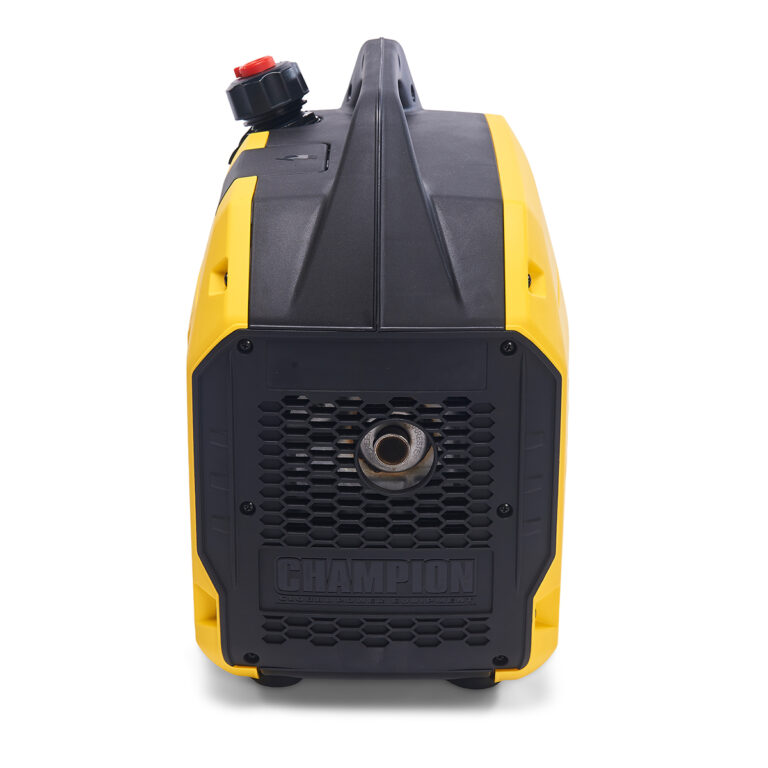 Side view of Yellow and black 'The Mighty Atom' Champion 92001i Inverter Petrol Generator.