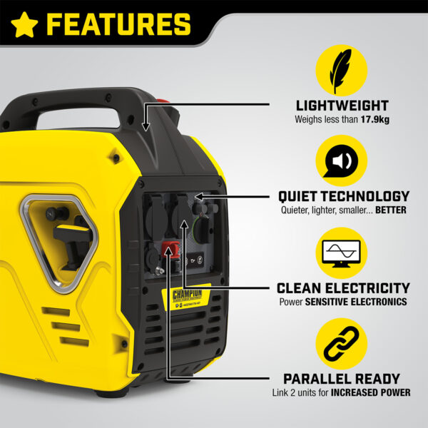 Key features include: Lightweight - weighs lass than 17.9kg - quiet technology, clean electricity to power sensitive electronics, and link two units for increased power.