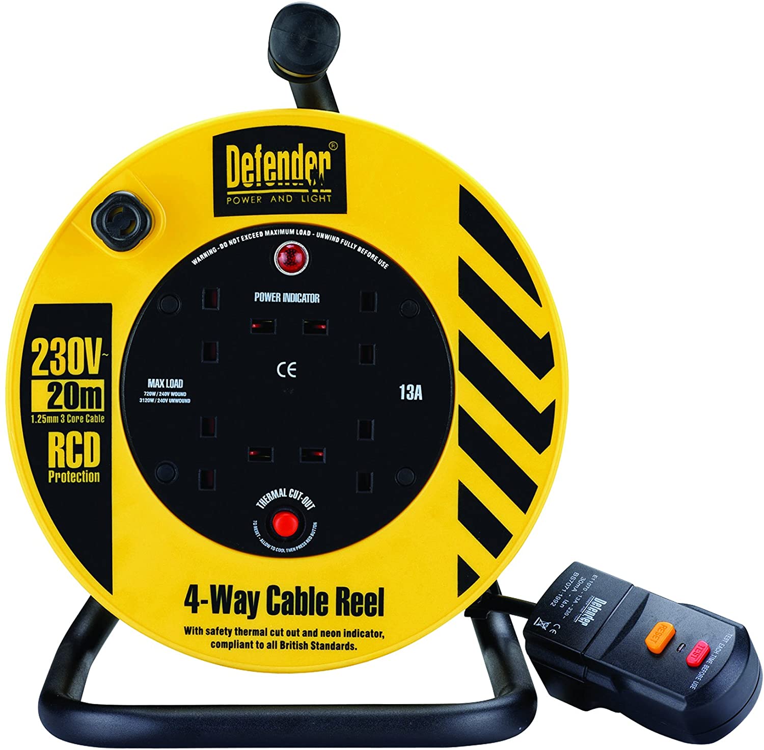Defender 20m 1.25mm Light Industrial Cable Reel 240V 13A with RCD