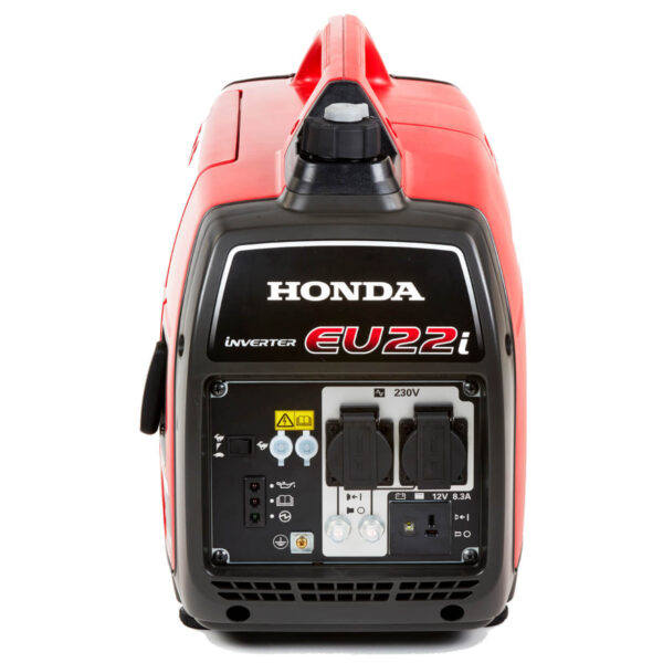 Side view showing panel of Red and black Honda EU22i Inverter Suitcase Generator.