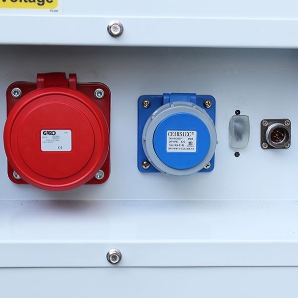 Close up of Hyundai DHY11KSE 3-phase Diesel Generator ports.