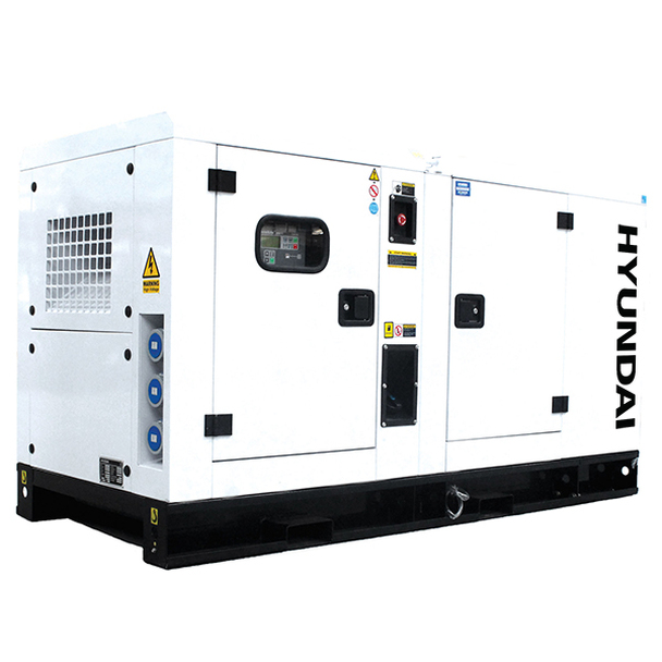 Side view of white Hyundai DHY14KSE 3-phase Diesel Generator.