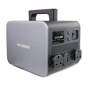 Angled view of the grey Hyundai HPS-300 Portable Power Station.