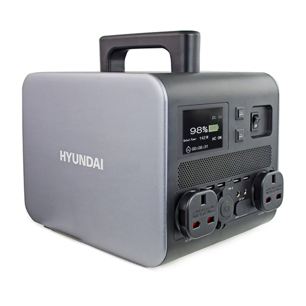 Angled view of the grey Hyundai HPS-300 Portable Power Station.