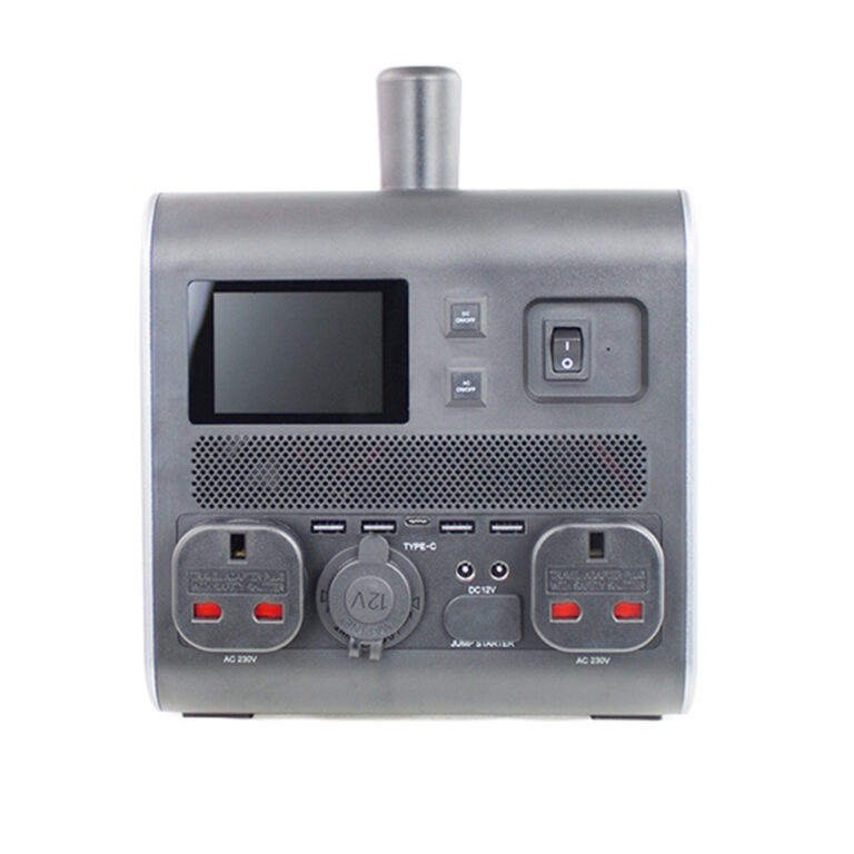 Front facing view of the grey Hyundai HPS-300 Portable Power Station.