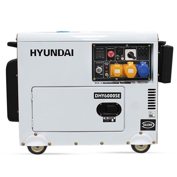Side view of white and black hyundai DHY6000SE diesel generator.