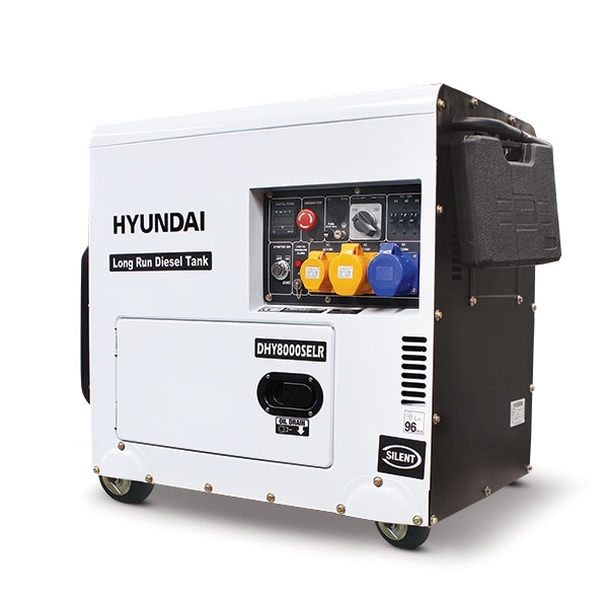Side view of White and black Hyundai DHY8000SELR Diesel Generator.