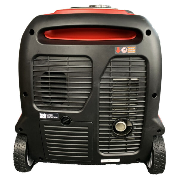 Backend view of red and black Senci SC4000iE-0 inverter suitcase generator.