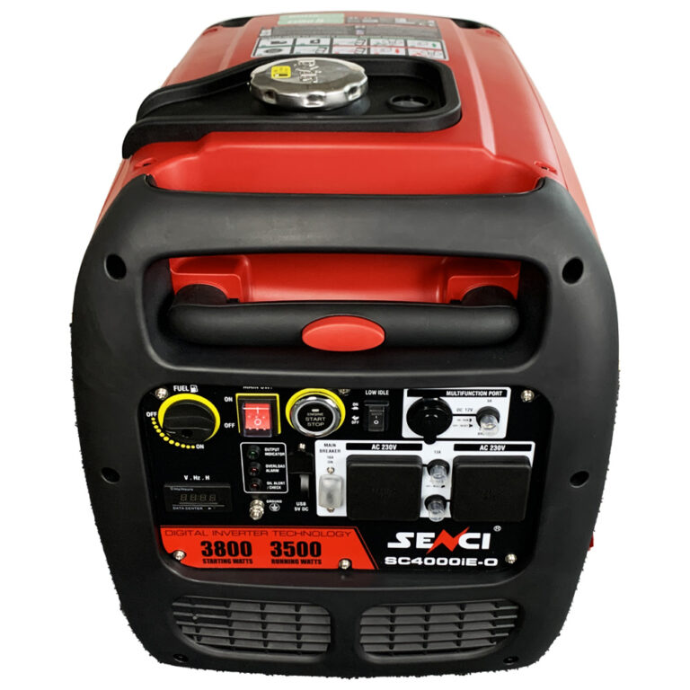 Front view of red and black Senci SC4000iE-0 inverter suitcase generator.