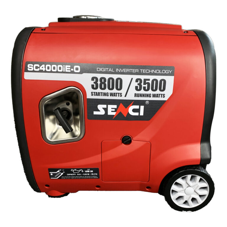 Left side view of red and black Senci SC4000iE-0 inverter suitcase generator.