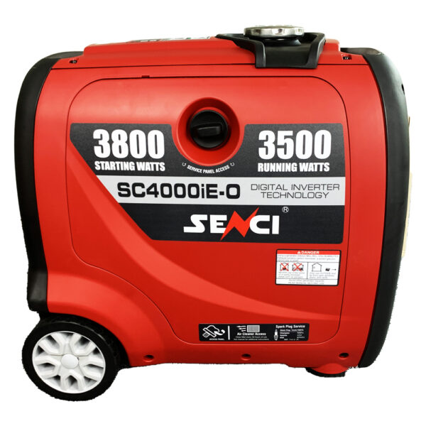 Right side view of red and black Senci SC4000iE-0 inverter suitcase generator.