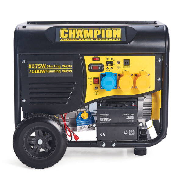 Panel view of Yellow and black Champion CPG9000E2 Remote Start Petrol Generator.
