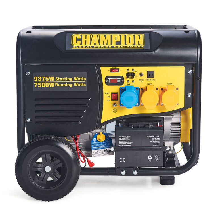 Panel view of Yellow and black Champion CPG9000E2 Remote Start Petrol Generator.