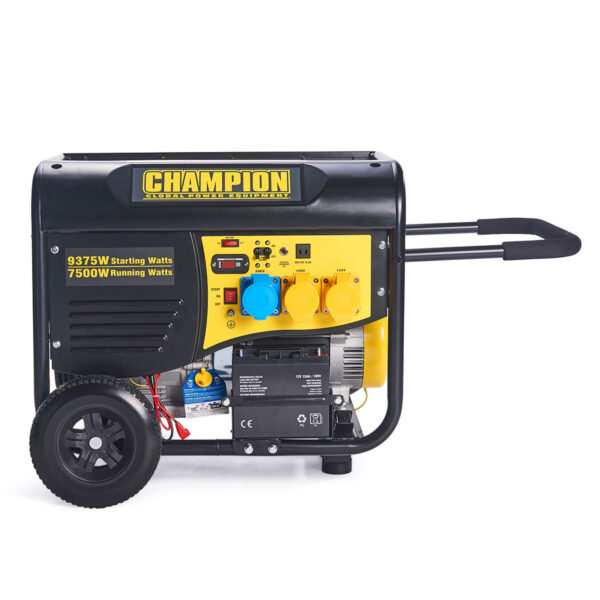 Yellow and black Champion CPG9000E2 Remote Start Petrol Generator with handle.