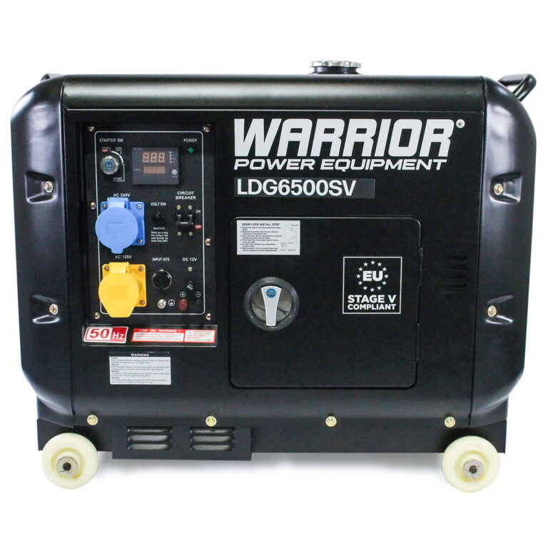 Front view of black Warrior LDG6500SV Silent Diesel Generator.