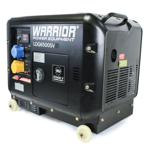 Left side view of black Warrior LDG6500SV Silent Diesel Generator.