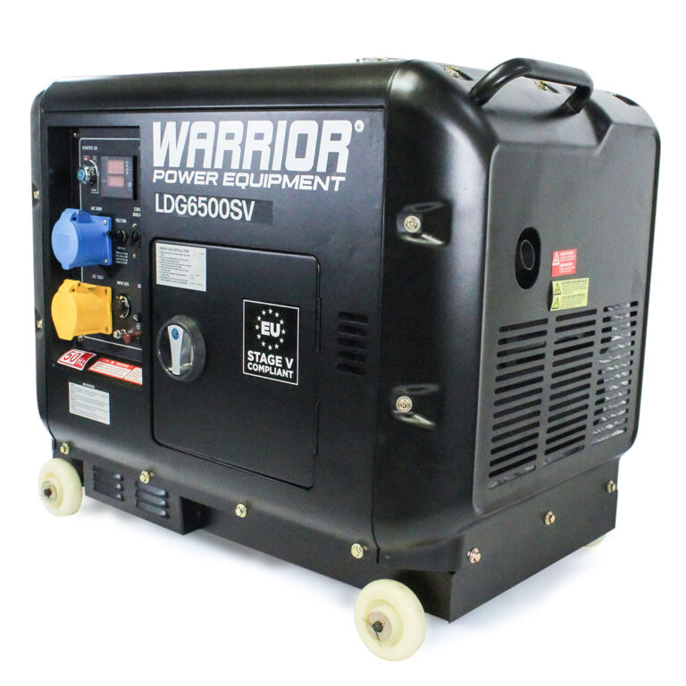 Left side view of black Warrior LDG6500SV Silent Diesel Generator.