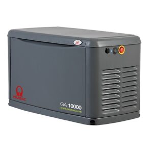 Side view of grey Pramac 10KW LPG / Natural Gas Standby Generator.