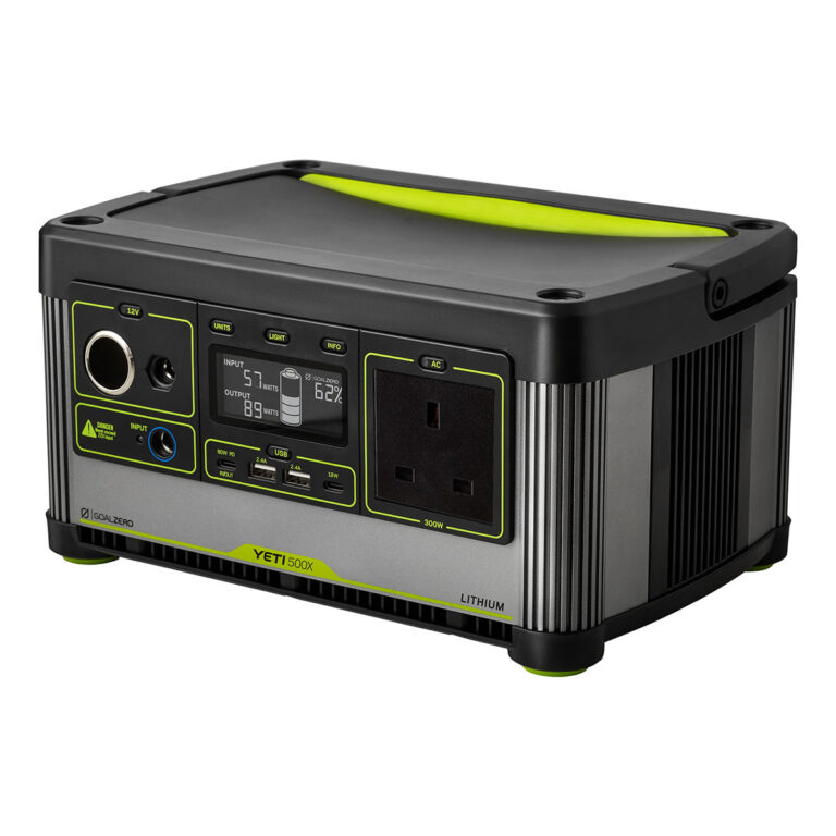 Angled view of the green and black Goal Zero Yeti 500X Portable Power Station 505Wh.