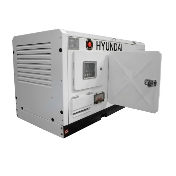 Side view of White Hyundai DHY18COM-1 Single Phase Diesel Generator with door open.