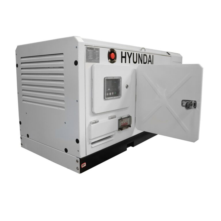 Side view of White Hyundai DHY18COM-1 Single Phase Diesel Generator with door open.