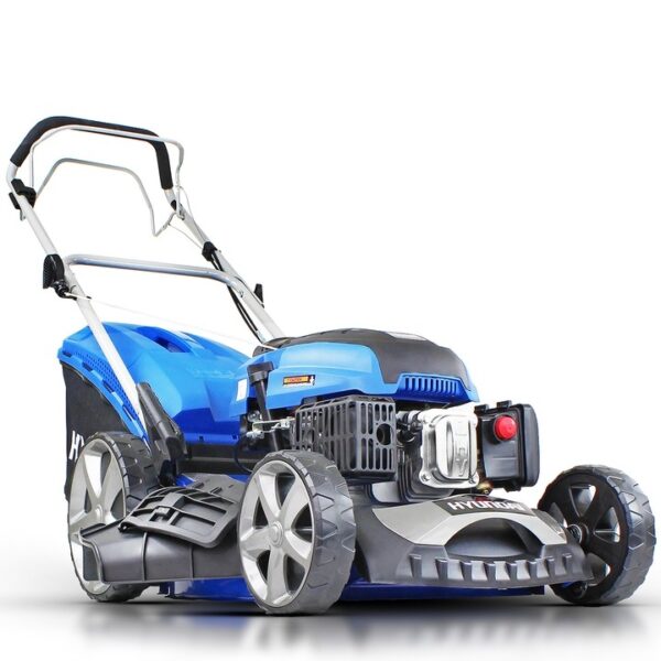Front view of the blue and black hyundai hym510sp lawn mower​.