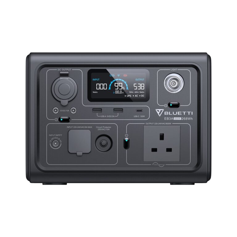 Front facing view of the black Bluetti EB3A Portable Power Station.