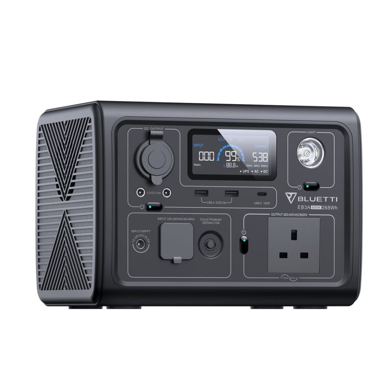 Angled view of the black Bluetti EB3A Portable Power Station.
