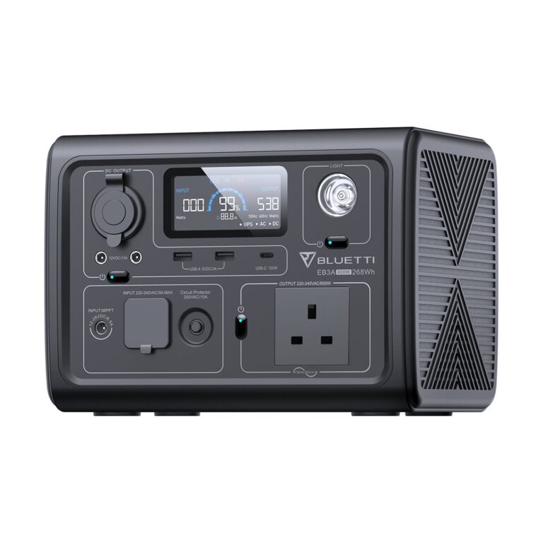 Front view of the black Bluetti EB3A Portable Power Station with handle up.