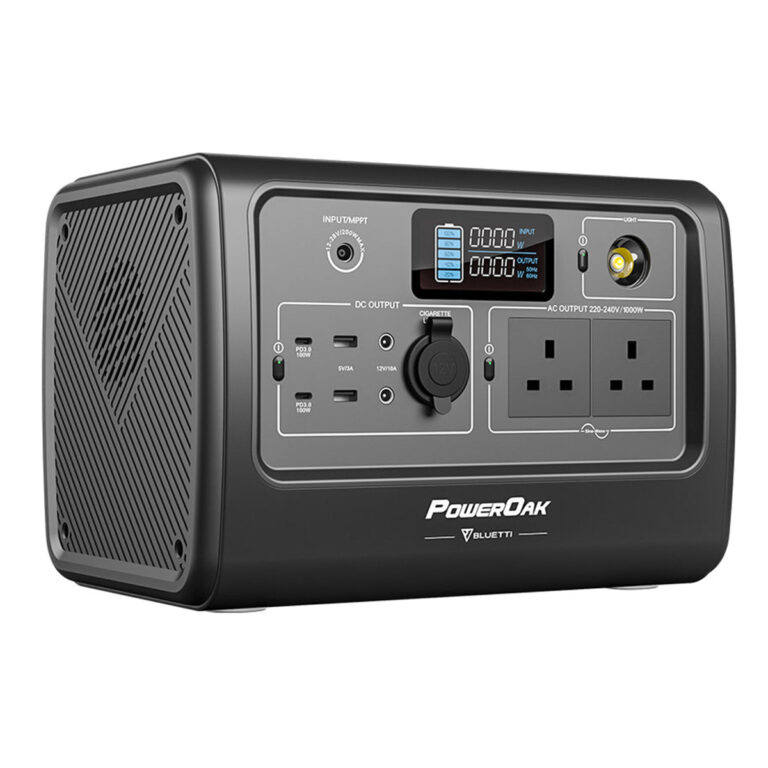 Angled view of the black Bluetti EB70 Portable Power Station.