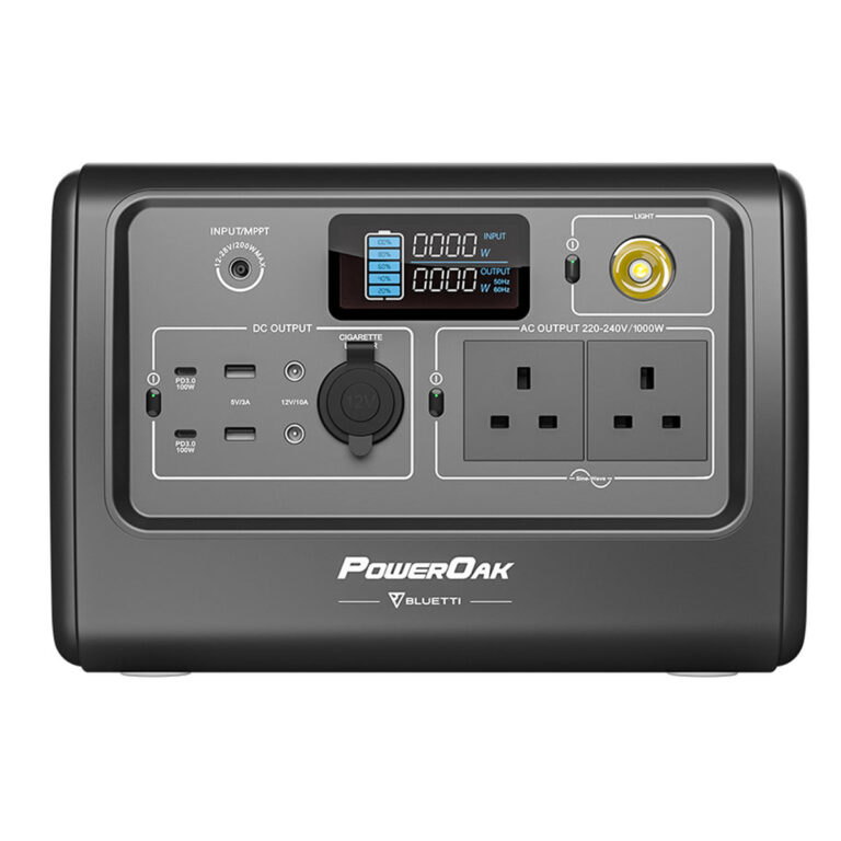 Front facing view of the black Bluetti EB70 Portable Power Station.