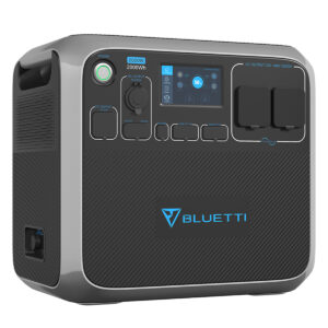 Angled view of the black, silver and blue Bluetti AC200P Portable Power Station.