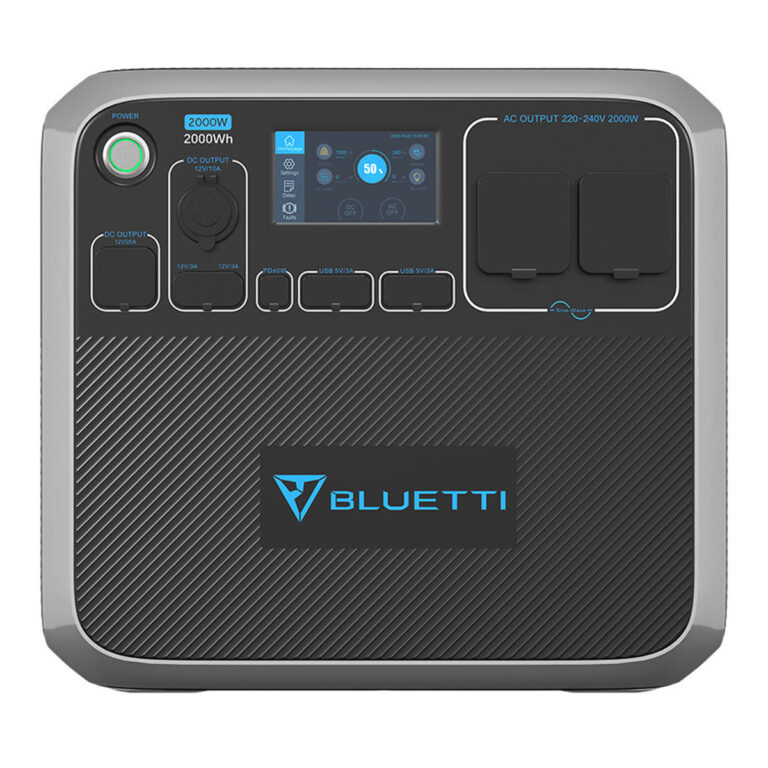Front facing view of the black, silver and blue Bluetti AC200P Portable Power Station.