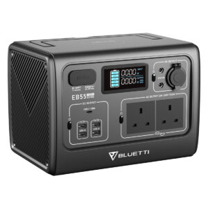 Angled view of the black Bluetti EB55 Portable Power Station.