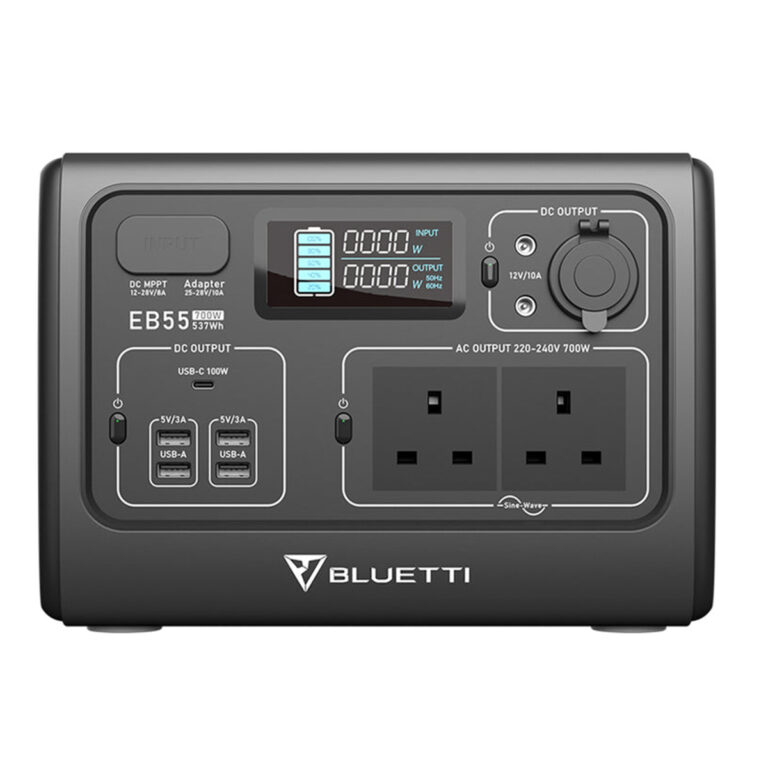 Front facing view of the black Bluetti EB55 Portable Power Station.
