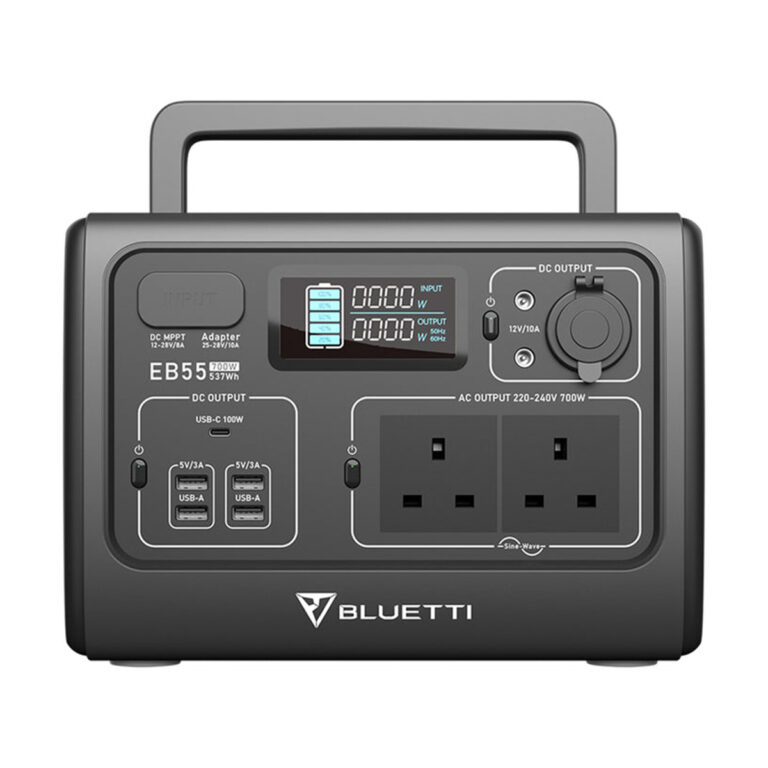 Front facing view of the black Bluetti EB55 Portable Power Station with handle up.