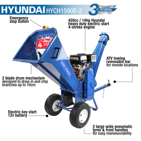 Key features: Heavy-duty 4-stroke engine, emergency stop button, ATV towing removable bar for remote locations, 2 blade drum mechanism to chip branches up to 10cm, electric key start 12kv battery, and 2 large tyres and handles for movement.
