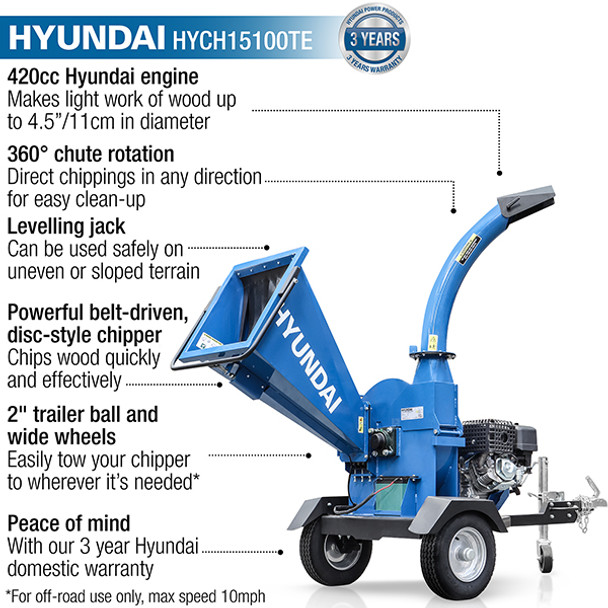 Key features: Chip wood up to 4.5" in diameter, direct chippings in any direction, a levelling jack for uneven terrain, a powerful belt-drive, disc-style chipper, and a 2" trailer ball and wider wheels to tow your chipper.