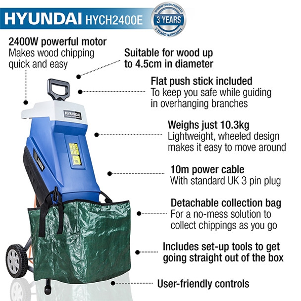 Key features: 2400w powerful motor for chipping wood up to 4.5cm in diameter, flat push stick included, lightweight design, 10m power cable with UK 3 pin plug, detachable collection bag and user-friendly controls.
