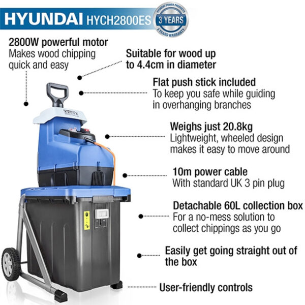 Key features: 28000w powerful motor for chipping wood up to 4.4cm in diameter, flat push stick included, lightweight design, 10m power cable with UK 3 pin plug, detachable 60 litre collection box and user-friendly controls.