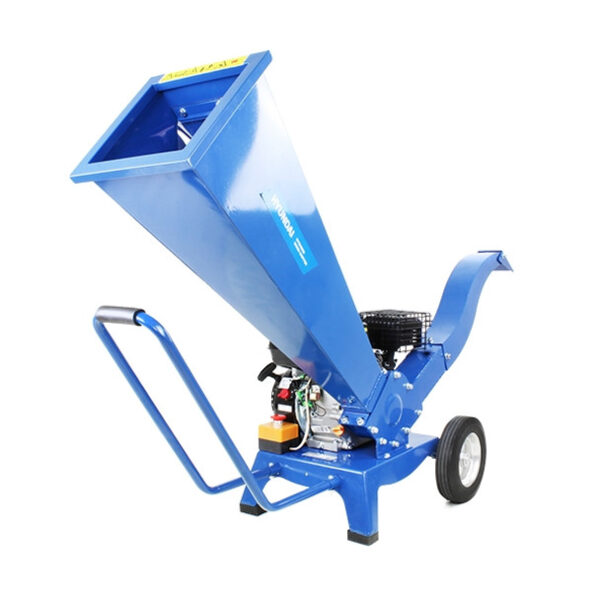 Front view of the blue hyundai hych6560 196cc 60mm petrol 4-stroke garden wood chipper shredder​.