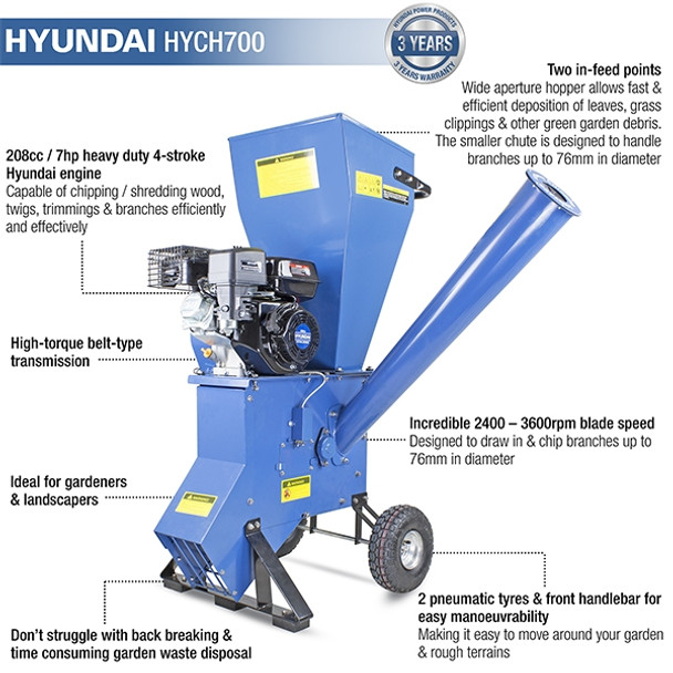 Key features: 208cc, 4-stroke engine, two in-feed point for fast and efficient deposition, 2400-3600rpm blade speed, high-torque belt-type transmission, and two pneumatic tyres and front handlebar for easy movement.