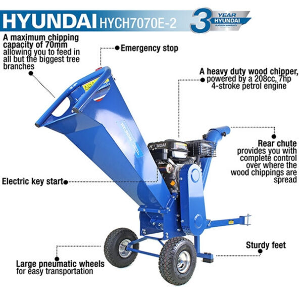 Key features: A maximum chipping capacity of 70mm for the biggest tree branches, emergency stop button, electric key start, rear chute, sturdy feet and large pneumatic wheels for easy transportation.