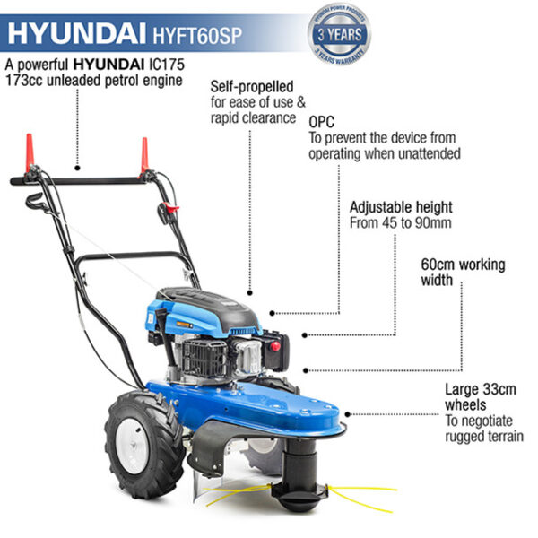 Key features: A powerful 173cc unleaded petrol engine, self-propelled for ease of use, OPS to prevent unattended operating, adjustable height from 25 to 90mm, 60cm working width, and large 33cm for rugged terrain.