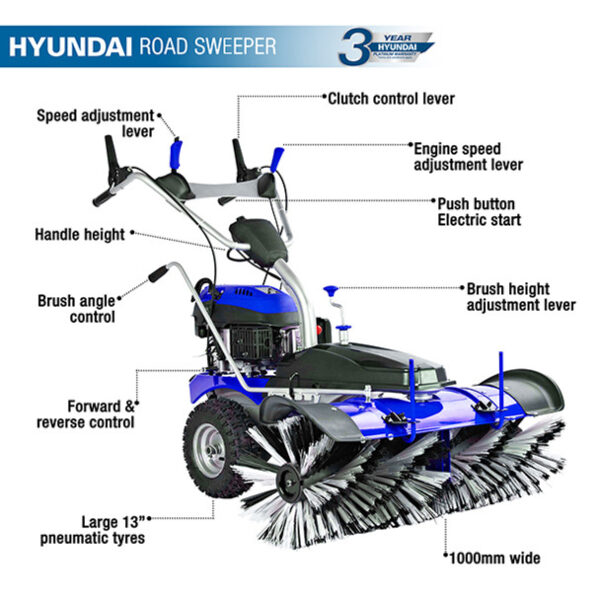 Key features: Clutch control, speed and engine speed adjustment levers, push button start, brush angle control, brush height adjustment lever, forward and reverse control, large 13" pneumatic tyres, 1000mm wide.