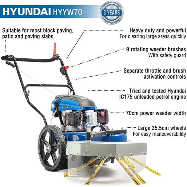Key features: Suitable for most block paving, patio and paving slabs, heavy duty and powerful for clearing large areas, 9 rotating weeder brushes with safety guard, separate throttle and brush activation controls, 70cm power weeder width, large 35.5 wheels.