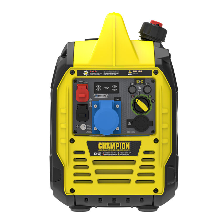 Front view of yellow and black Champion 93001i Inverter Petrol Generator.