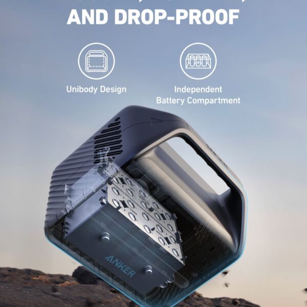 Infographic of the Anker A1720211 Power House 521 Portable Power Station falling down a mountain.